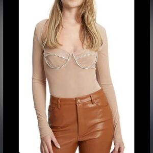 Bardot Blush Nude Cater Diamante Mesh Underwire Jeweled Bodysuit NWT L *Flaw*